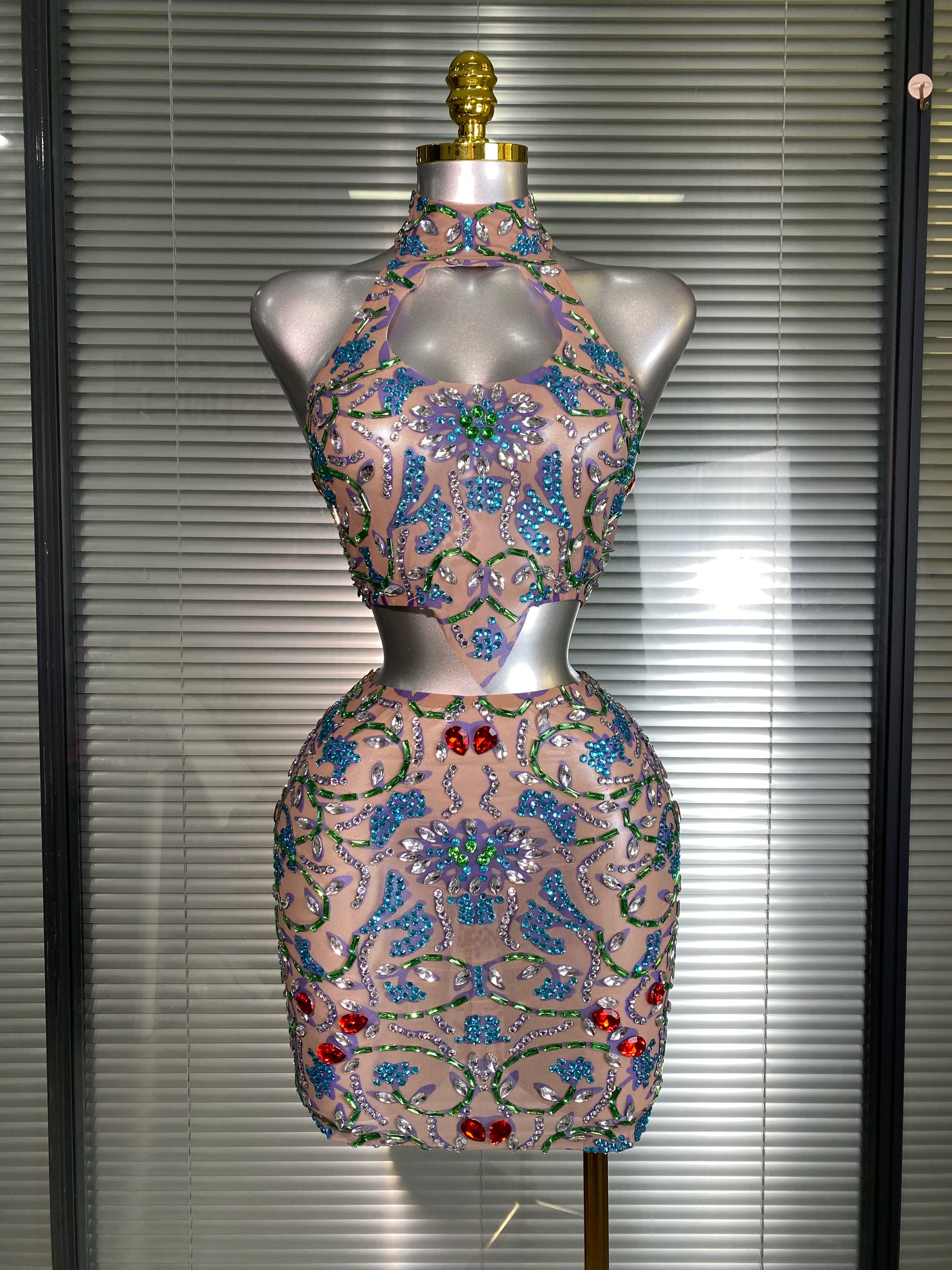 New Women Sexy Two Pieces Set Crystal Diamond Halter Skirt Suits Singer Dancer See Through Stage Performance Costume