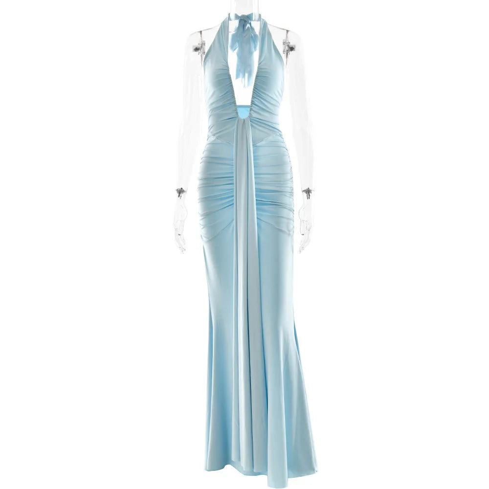 CM.YAYA Women Halter V-neck Stacked Ruched Backless Bodycon Midi Maxi Long Dress 2025 Vacation Birthday Sexy Party Club Dresses