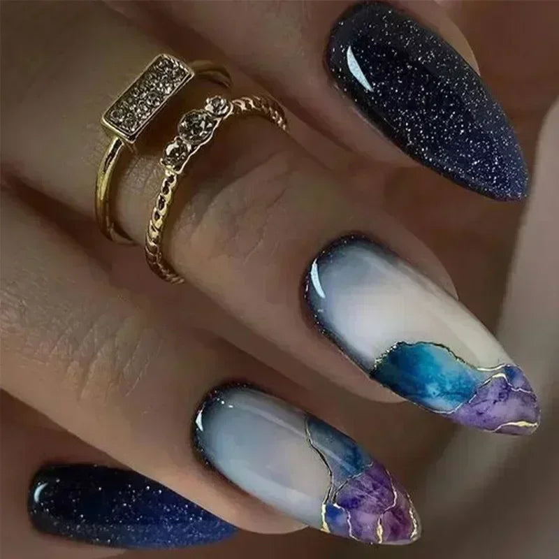24Pcs Purple Heart Almond False Nails Artificial Simple with Glue French Wearable Fake Nails Full Cover Press on Nails Tips Art