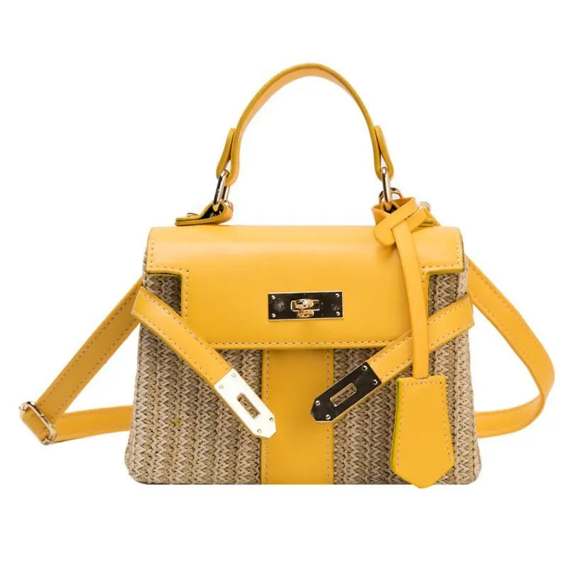 Fashion Box Straw Women Handbags Designer Wicker Woven Shoulder Crossbody Bags Chic Lock Pu Summer Beach Rattan Small Flap Yellow 19 x 15 x 8 cm