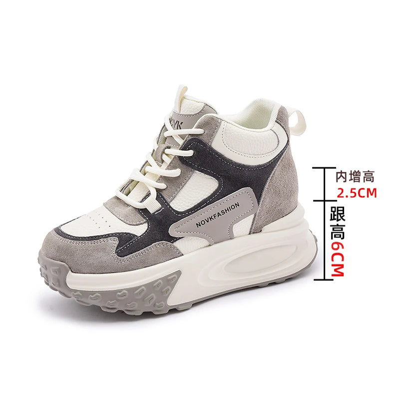 Fujin 8.5cm Cow Genuine Leather Thick Soled Spring Platform Wedge Chunky Sneakers Women Autumn Fashion Hidden Heels Ladies Shoes grey