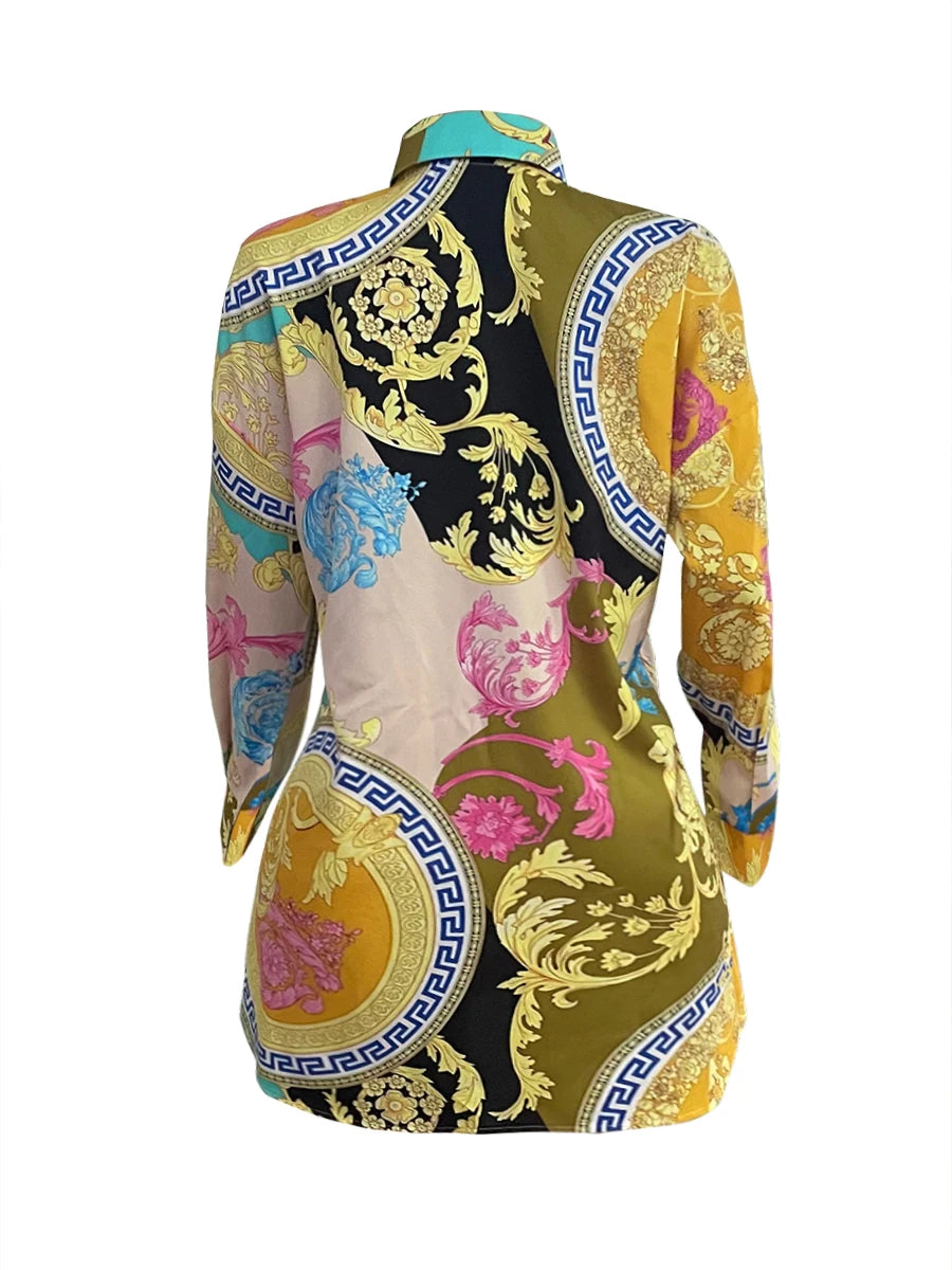 Plus Size dresses Mixed Print Shirt Dress Autumn Long Sleeve Shirt Dress Casual Loose Button Polo midi dress vestido