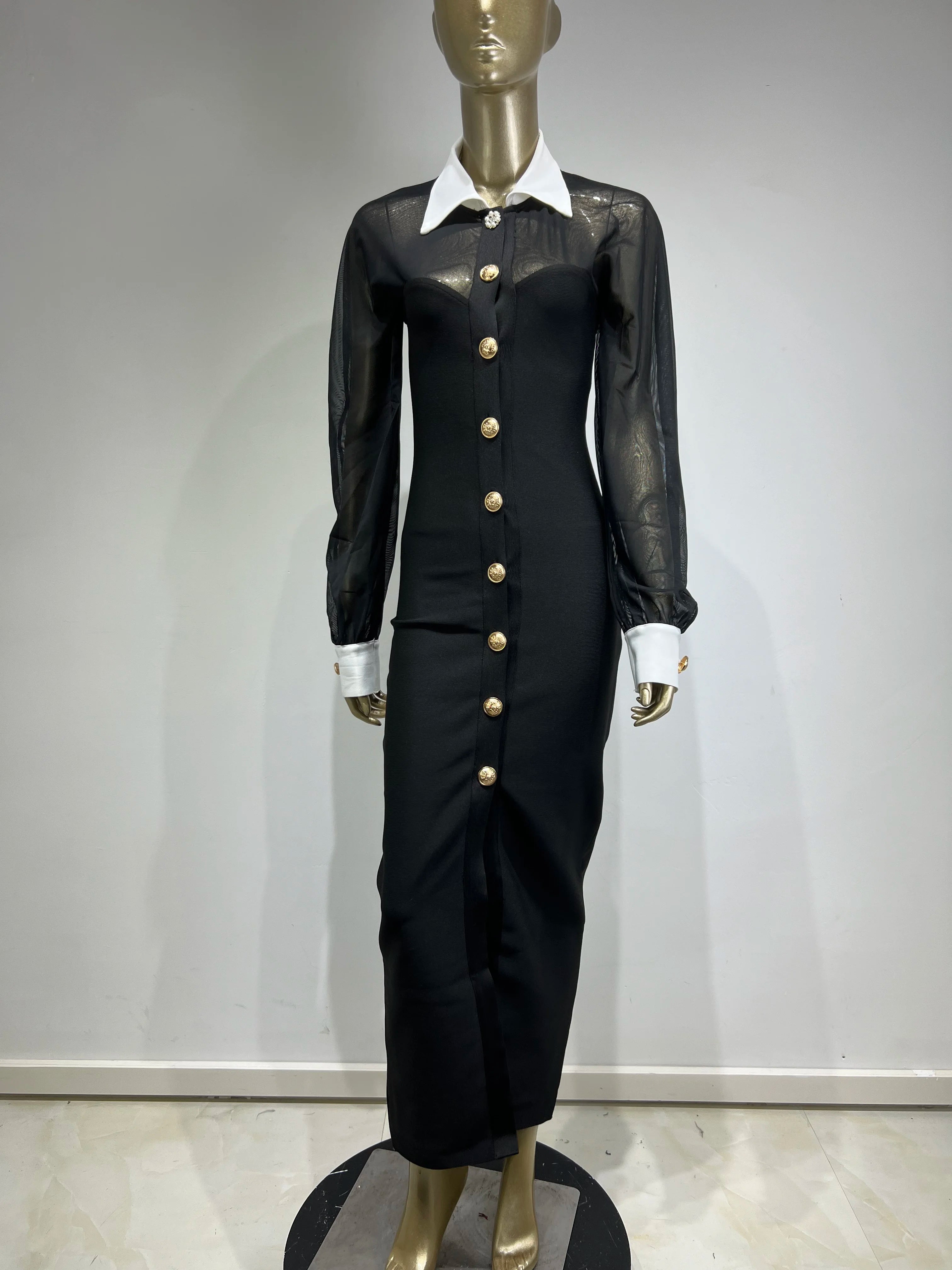 Spring Women Long Sleeve Mesh Button Bodycon Long Bandage Dress Fashion Runway Celebrate Evening Party Dress