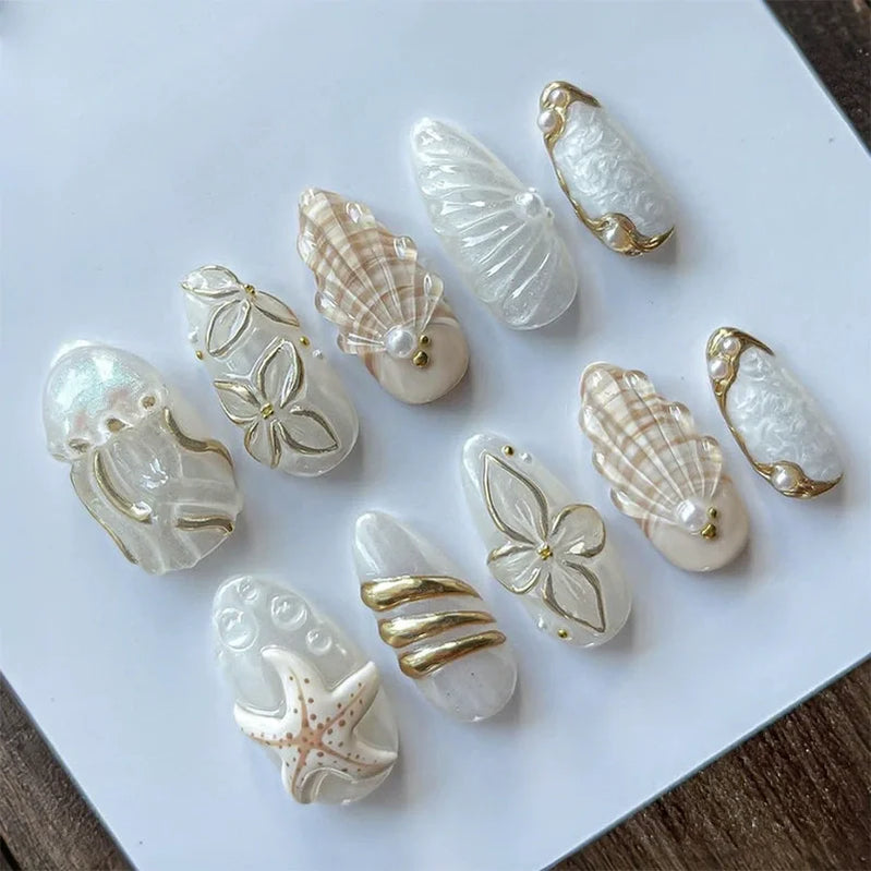 24Pcs 3D Water Ripple Wearable Almond Nail Tips Blue Ocean Shell Design Manicure Colorful Flower Pearl Detachable False Nail Set