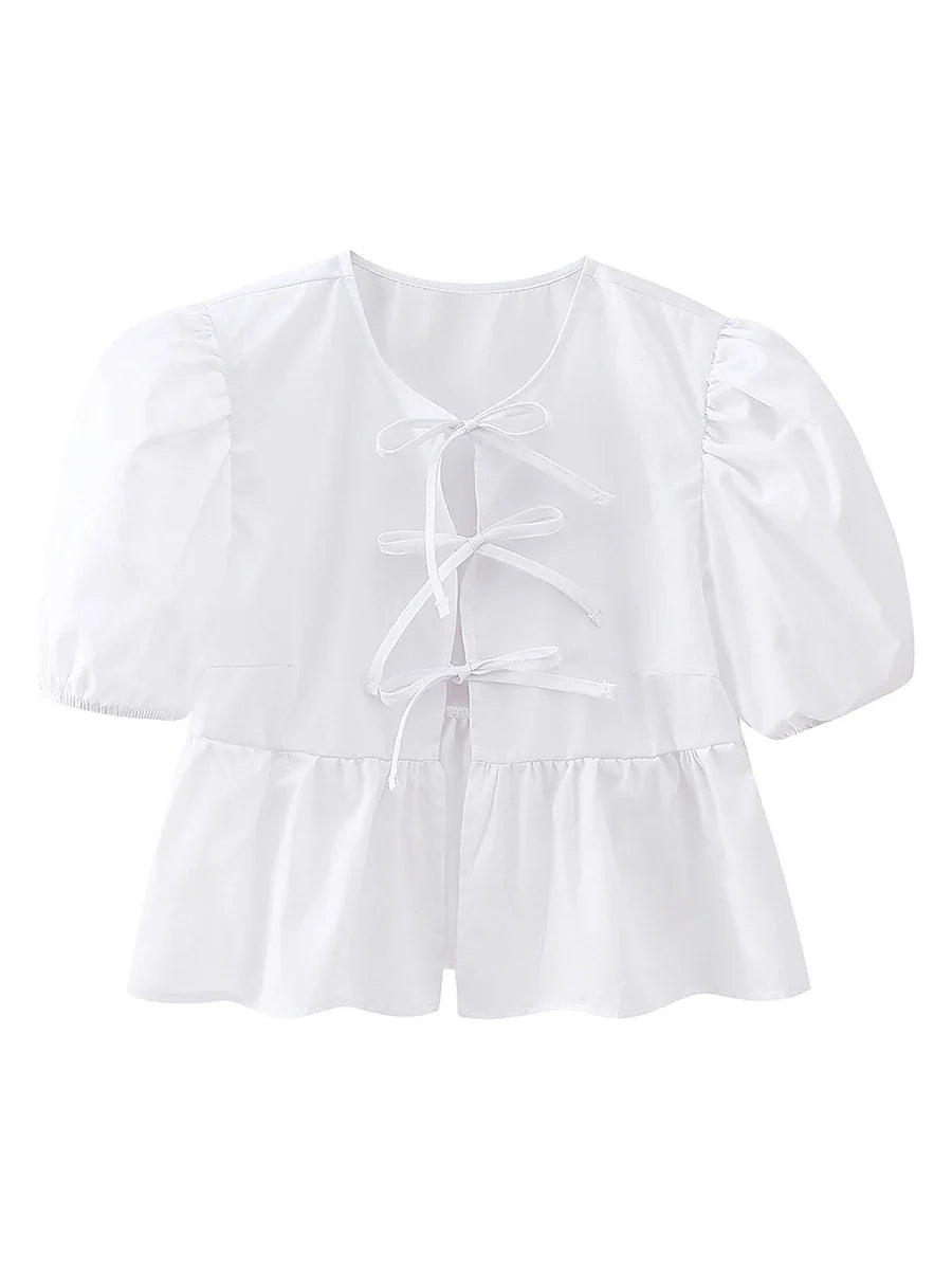 wsevypo Chic Summer Babydoll Shirts Solid/Stripe Short Women's Puff Sleeve Round Neck Tie-Up Front Peplum Blouses Top for Street A