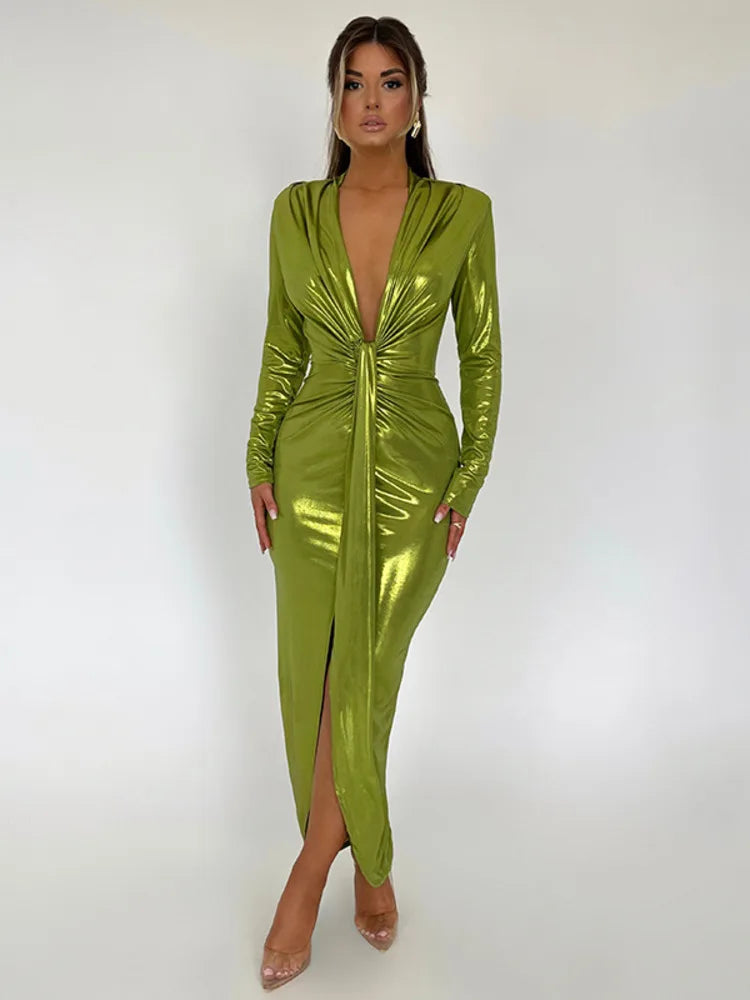 Mozision Deep V Neck Long Sleeve Bodycon Maxi Dress For Women Autumn Winter New Ruched Shiny Sexy PU Leather Dress Vestidos Green