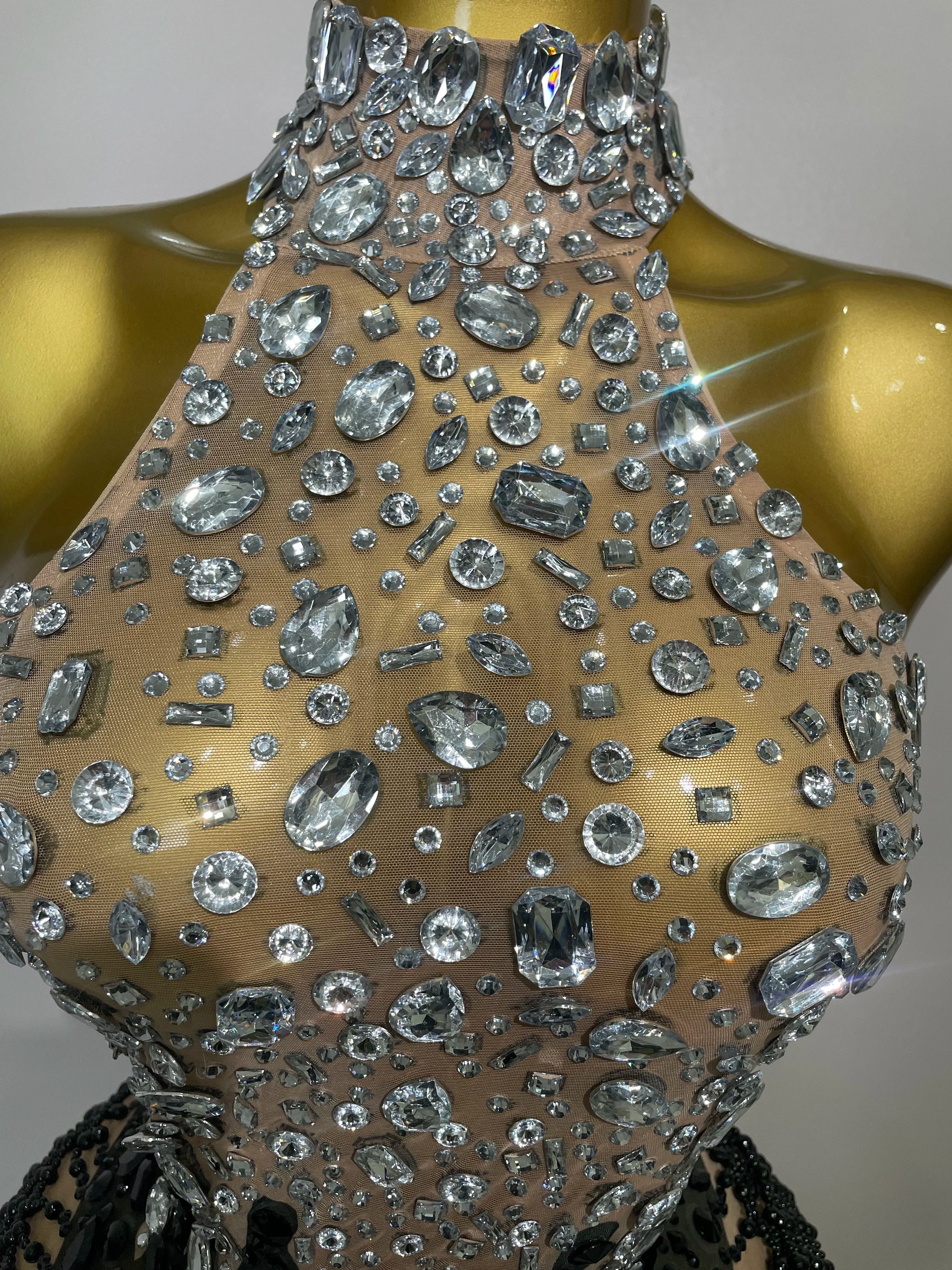 STOCK Sparkly Crystals Beading Short Dress 2025 Women Sexy Mesh Backless Evening Prom Celebrate Birthday Dress Photo Shoot Wear