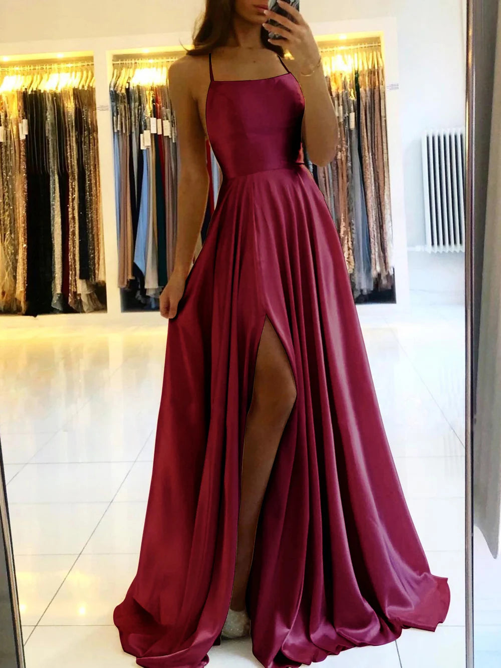 Ladies Blue A-line Long Satin Evening Dresses For Women Simple Spaghetti Straps Sexy Slit Wedding Prom Party Gowns Vestidos Burgundy