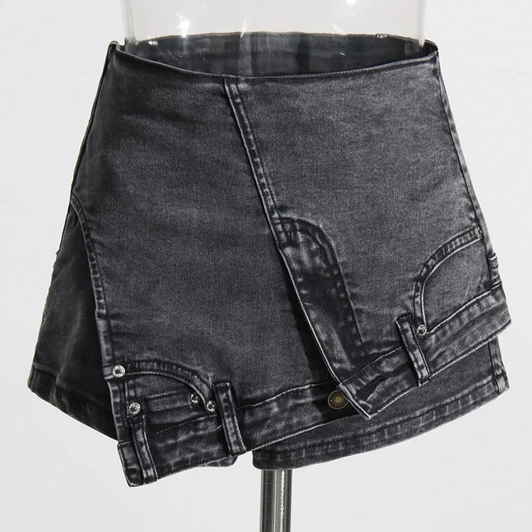 TWOTWINSTYLE Patchwork Bolso Irregular Chique Denim Shorts Para Mulheres Cintura Alta Zíper Emendado Designer Calças Curtas Femininas Novas