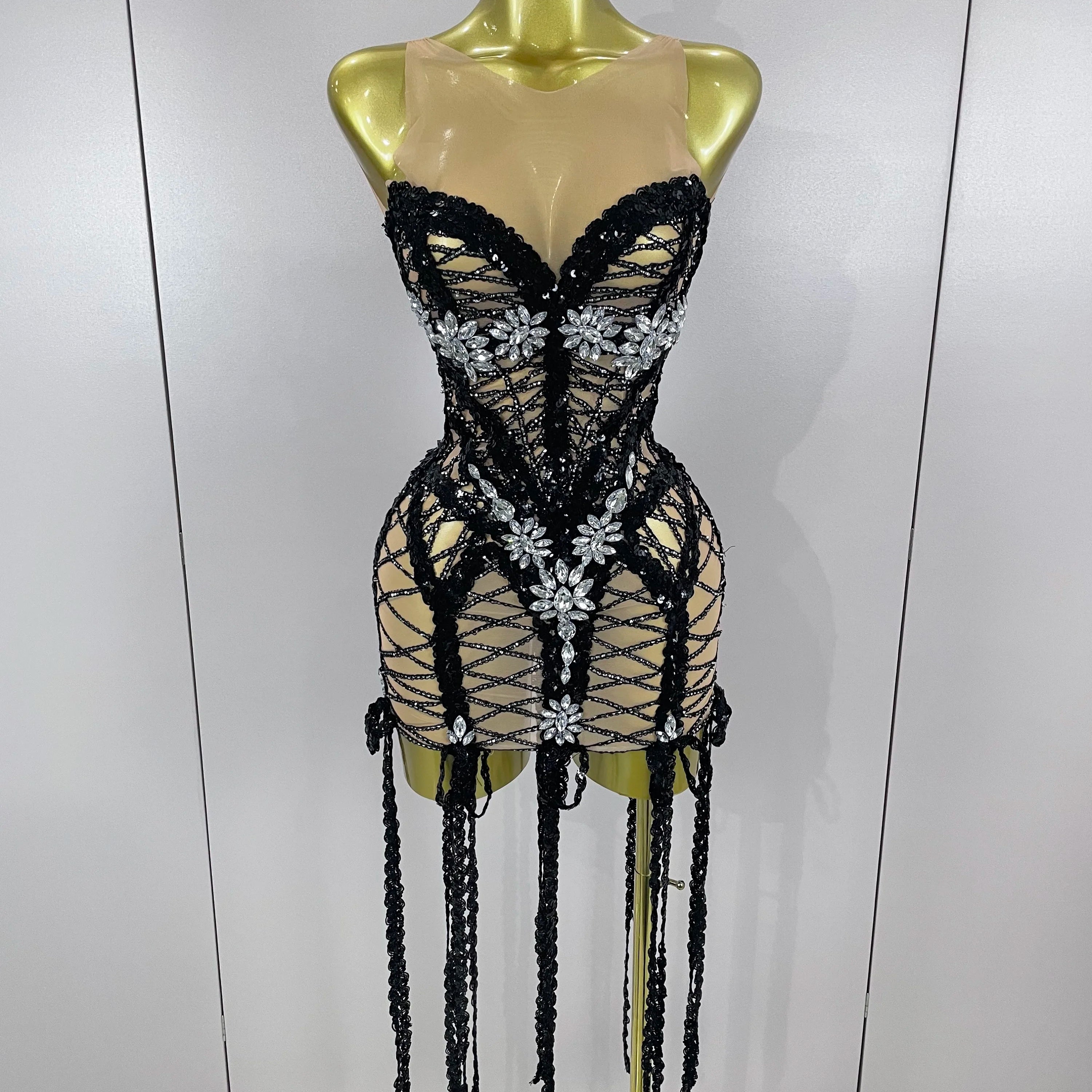 Sparkle Sequins Embroider Sparking Diamonds Long Tassel Sleeveless Mini Dress Women Red Carpet Goddess Stage Performance Costume