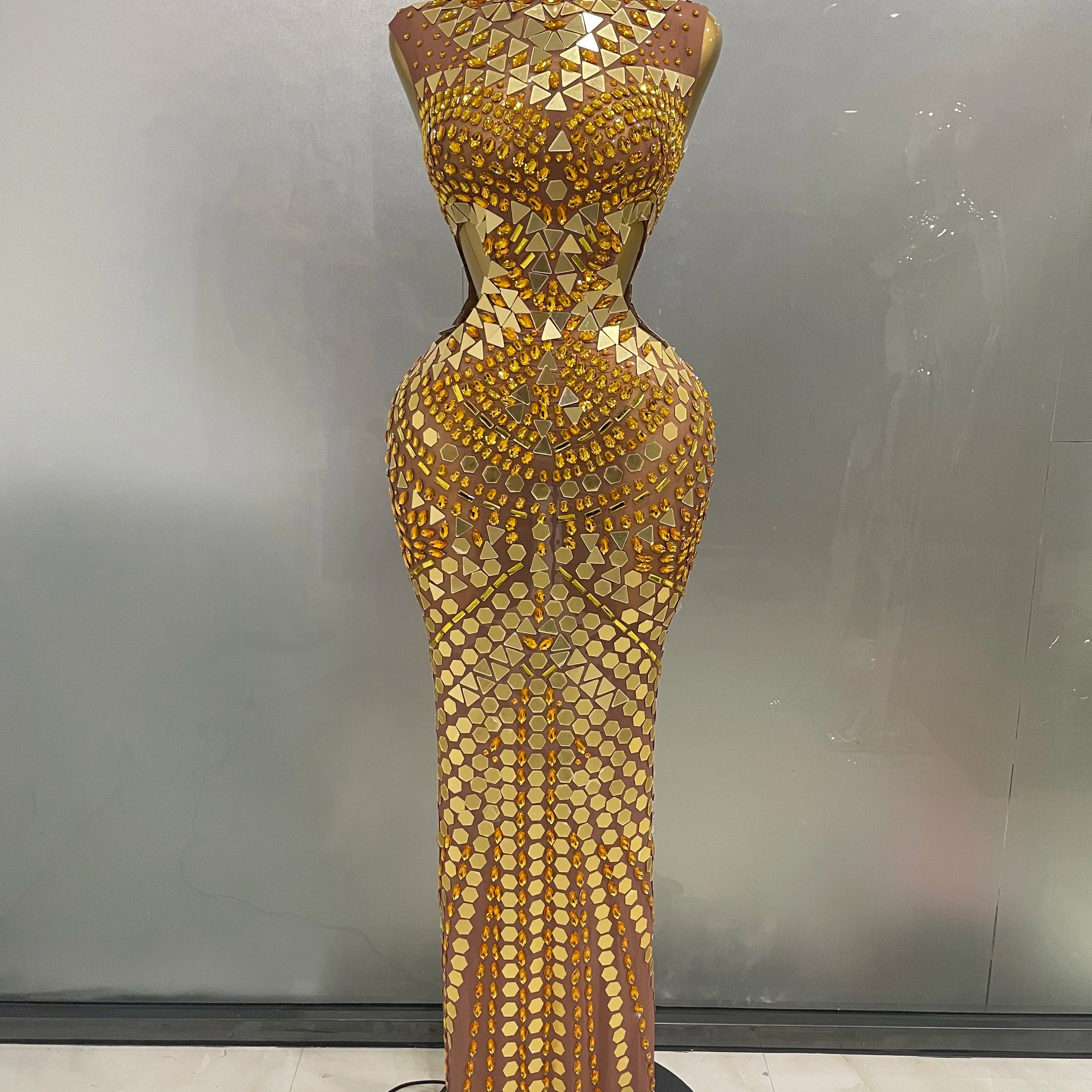 Luxury Shiny Mirror Rhinestones Hollowed-out Long Dress 2025Women Celebrity Evening Party Catwalk Prom Stage Photo Shoot Dresses