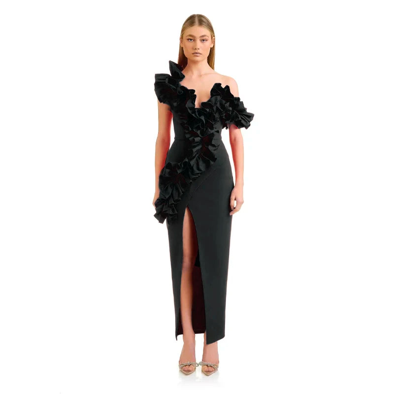 Red Black Women Sleeveless Sexy Off the Shoulder Ruffles Bodycon Long Bandage Dress Nightclub Party Celebrate Cocktail Dress