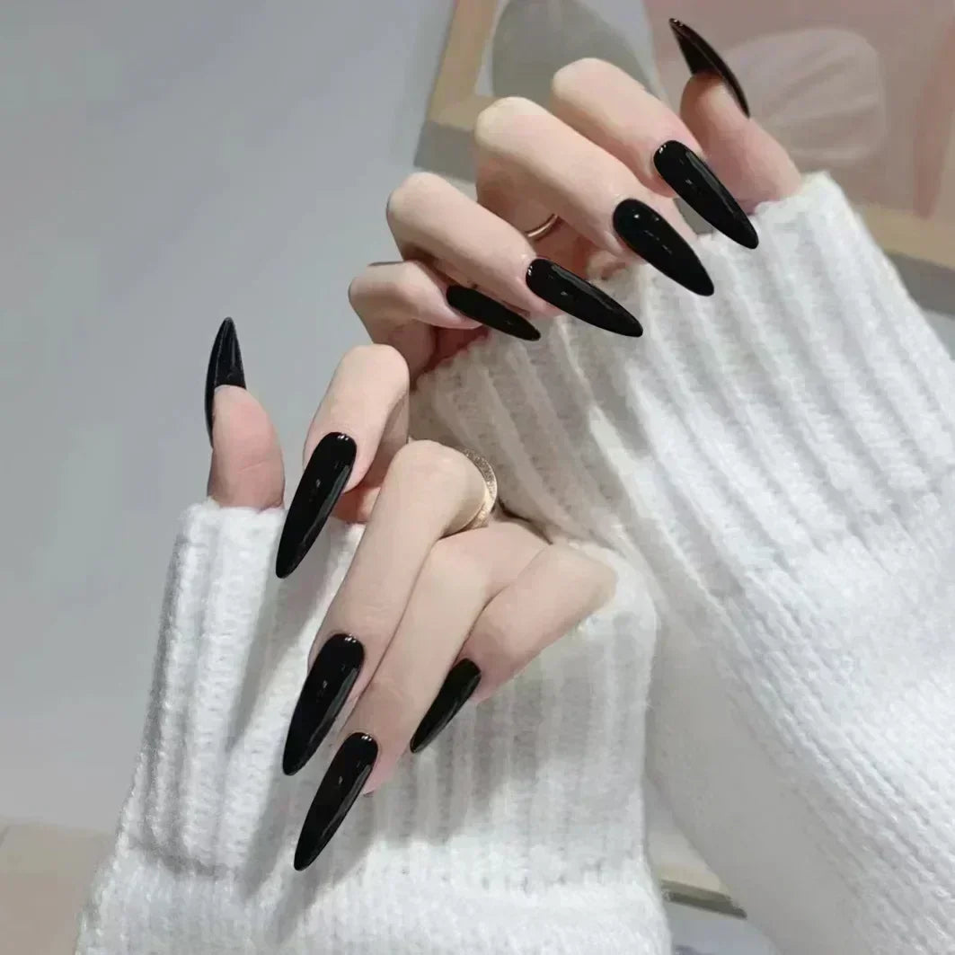 24 peças unhas postiças com cola amêndoa preto vermelho gradiente design destacável strass acrílico unha postiça longa stiletto unhas de pressão