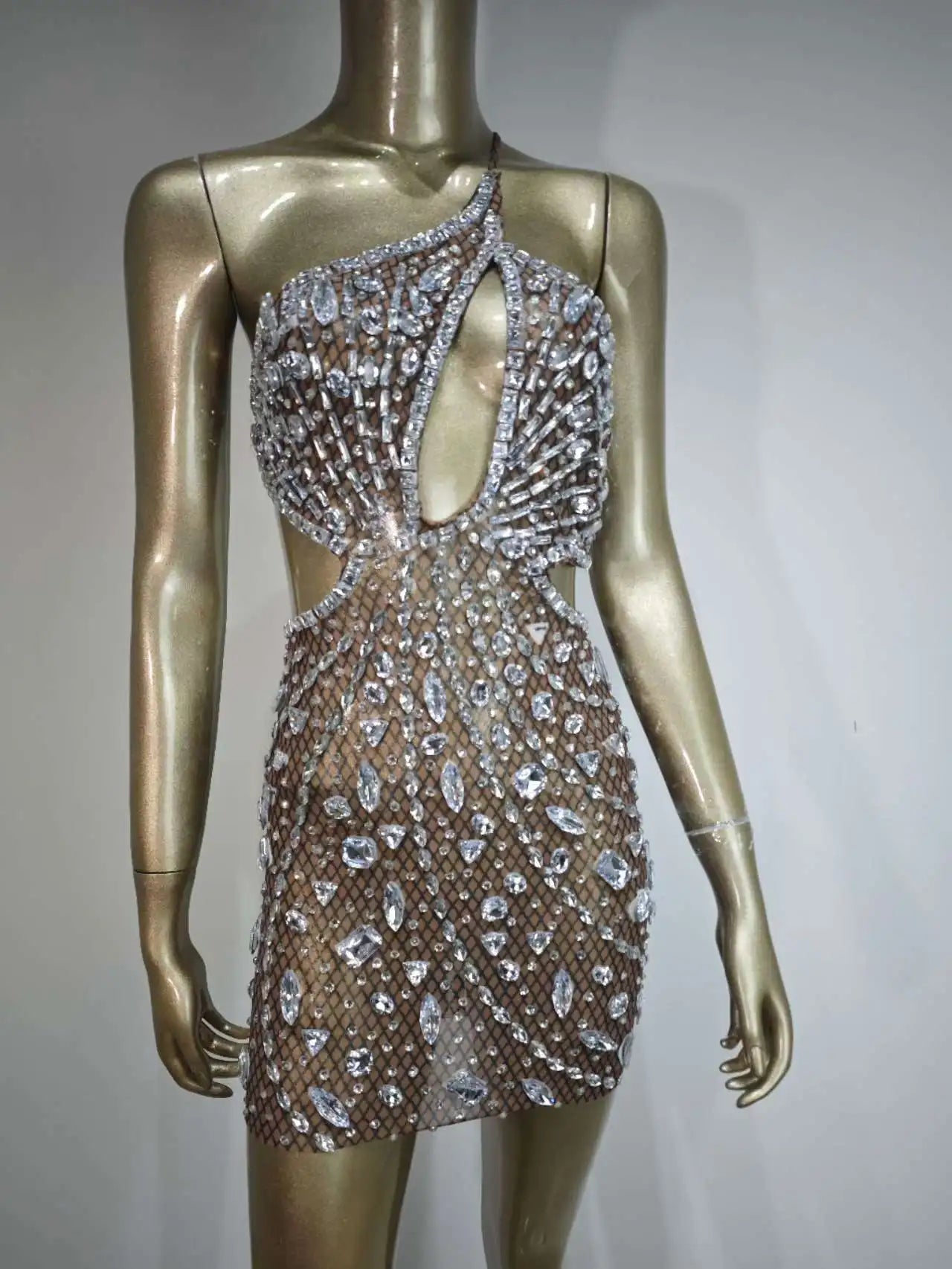 Robe courte sexy en maille à paillettes et cristaux pour femme, tenue de soirée, de bar, de discothèque, de spectacle sur scène