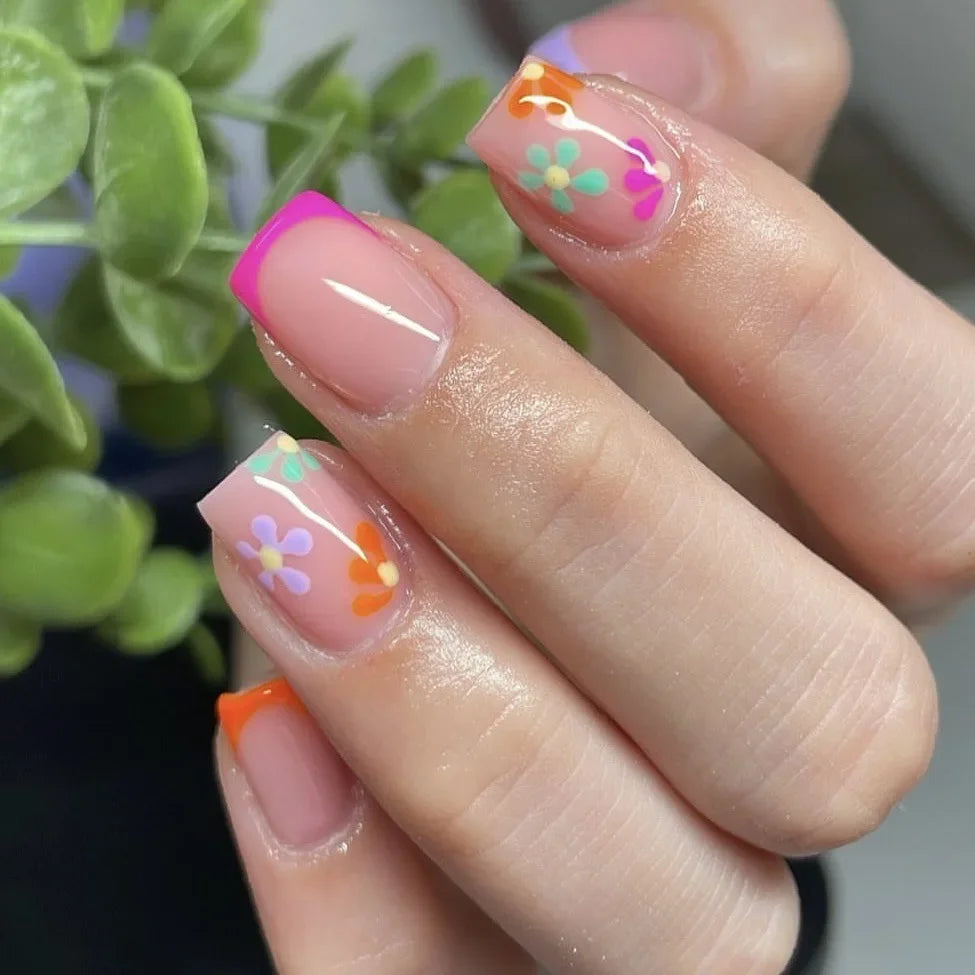 Faux ongles courts et carrés brillants, 24 pièces/boîte, pointe française colorée, motif floral, printemps-été, pour femmes