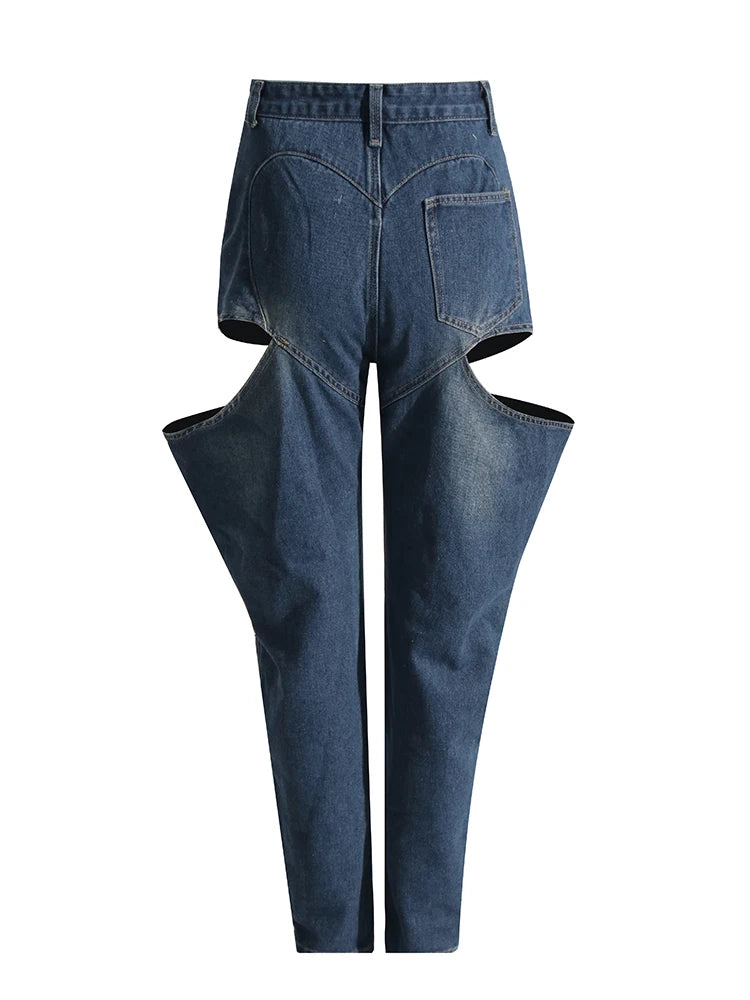 Solid Hollow Out Casual Denim Trousers For Women High Waist Patchwork Pockets Streetwear Wide Leg Jeans Female Fashion