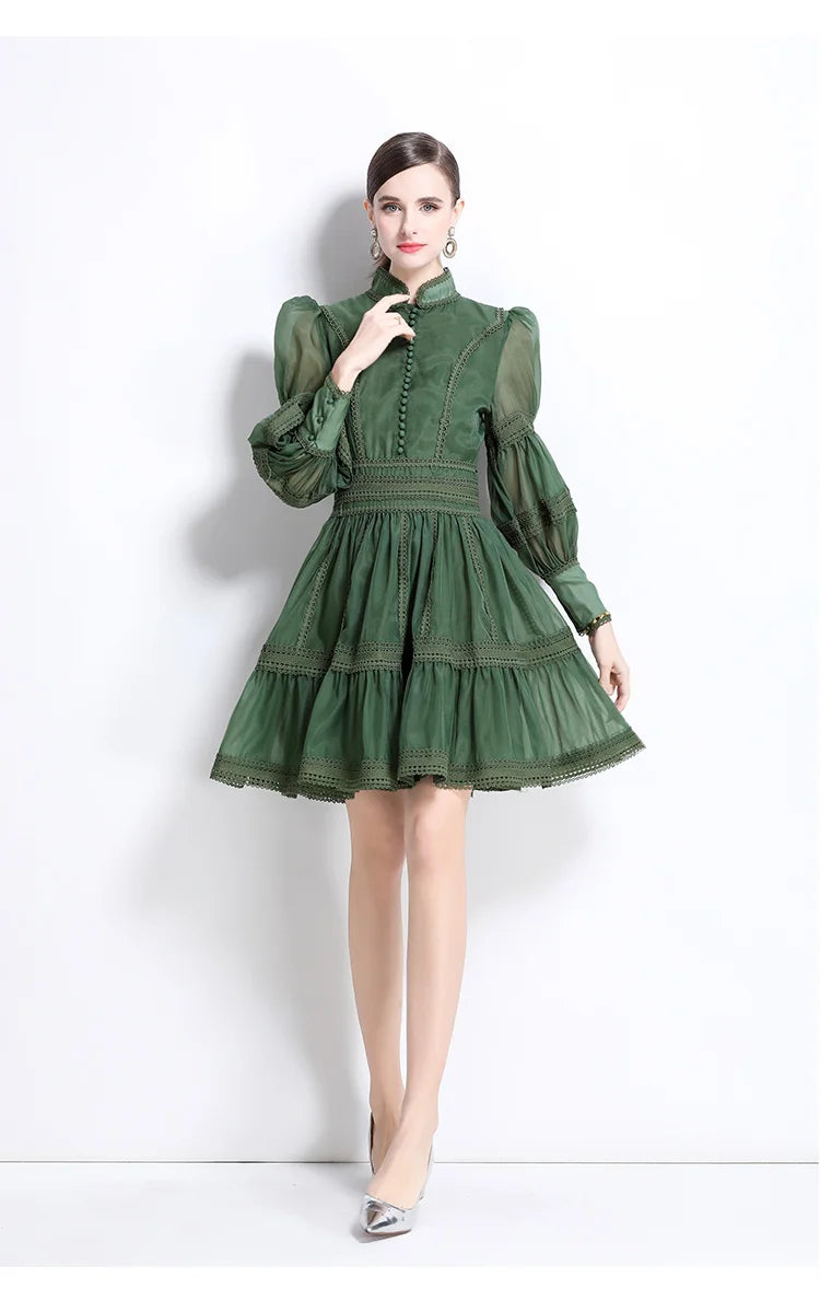 Vestido curto elegante de outono com bordado vazado e renda, manga lanterna, botões, para festa à noite
