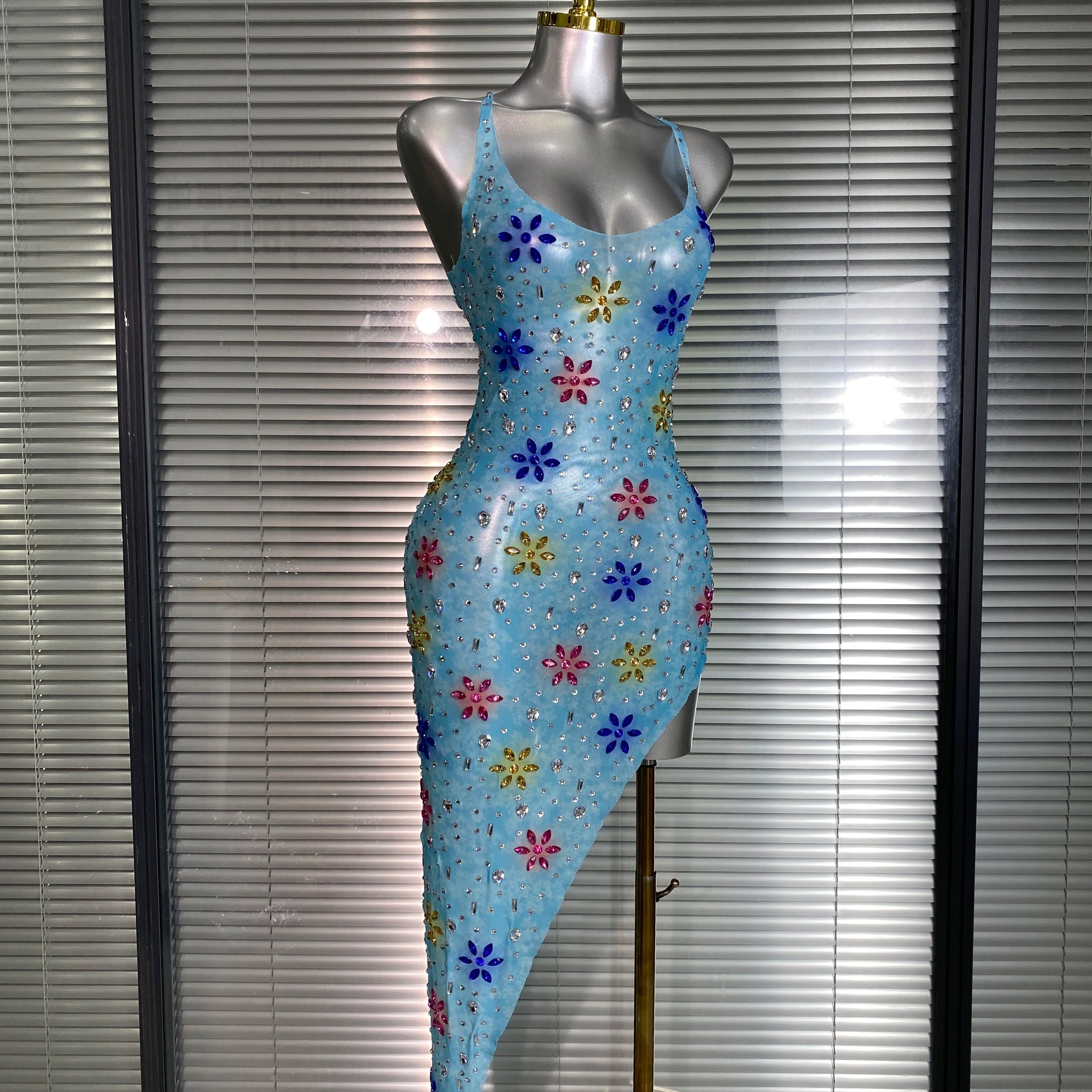 Women Sexy Mesh Crystal Diamonds Flower Blue Performance Costume Stage Dancer See Through Stretchy Night Club Party Dress