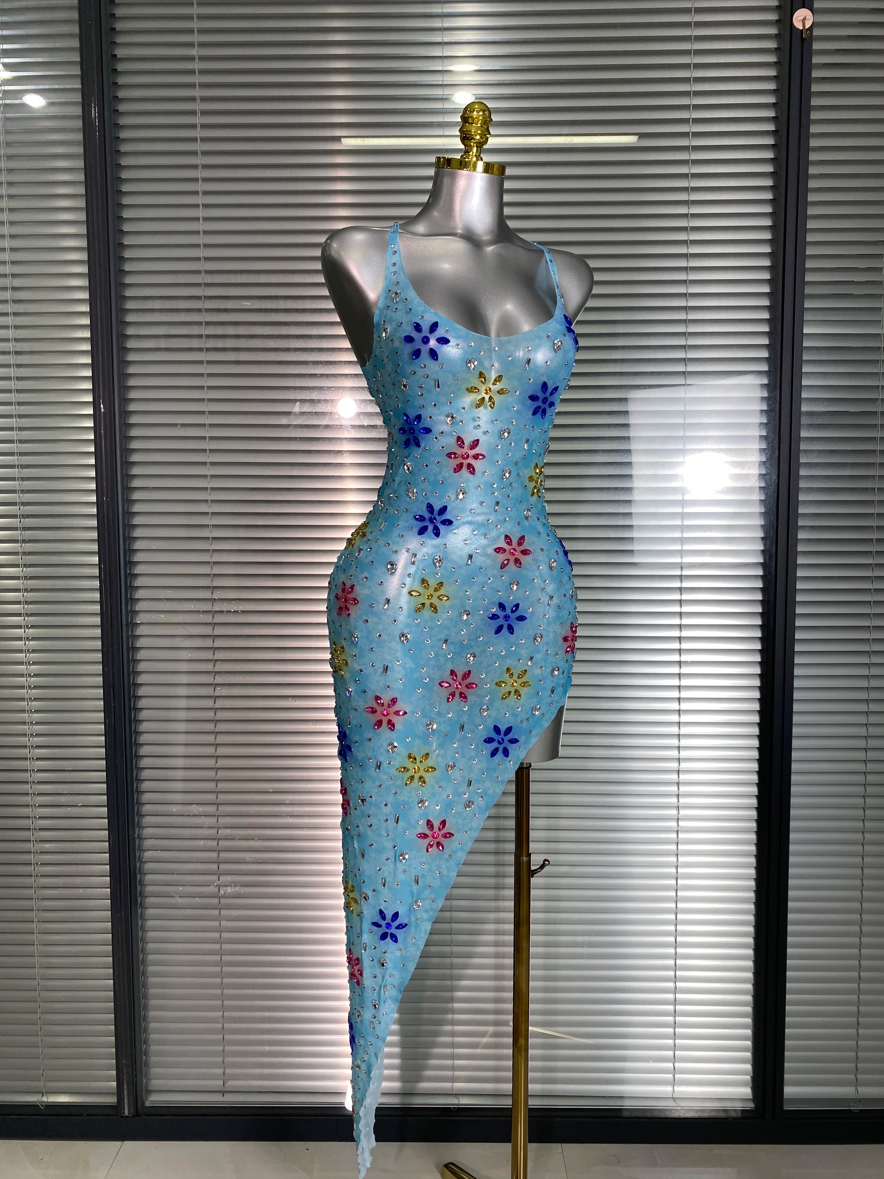 Women Sexy Mesh Crystal Diamonds Flower Blue Performance Costume Stage Dancer See Through Stretchy Night Club Party Dress