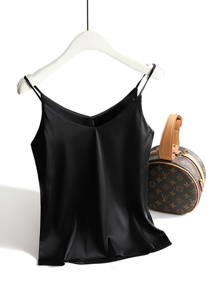 Spaghetti Strap Top Women Halter V Neck Basic White Cami Sleeveless Satin Silk Tank Tops Women'S Summer Camisole black