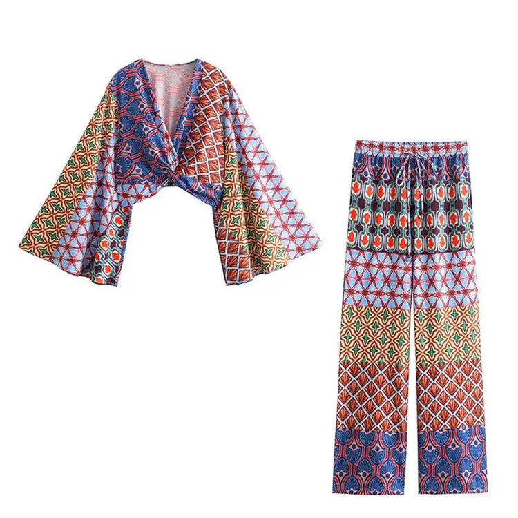 Fashion Vintage Print Long Flare Sleeve Top Wide Leg Pants Suit Elegant Women V Neck Crop Tops Elastic Waist Trousers Set Outfit Suit