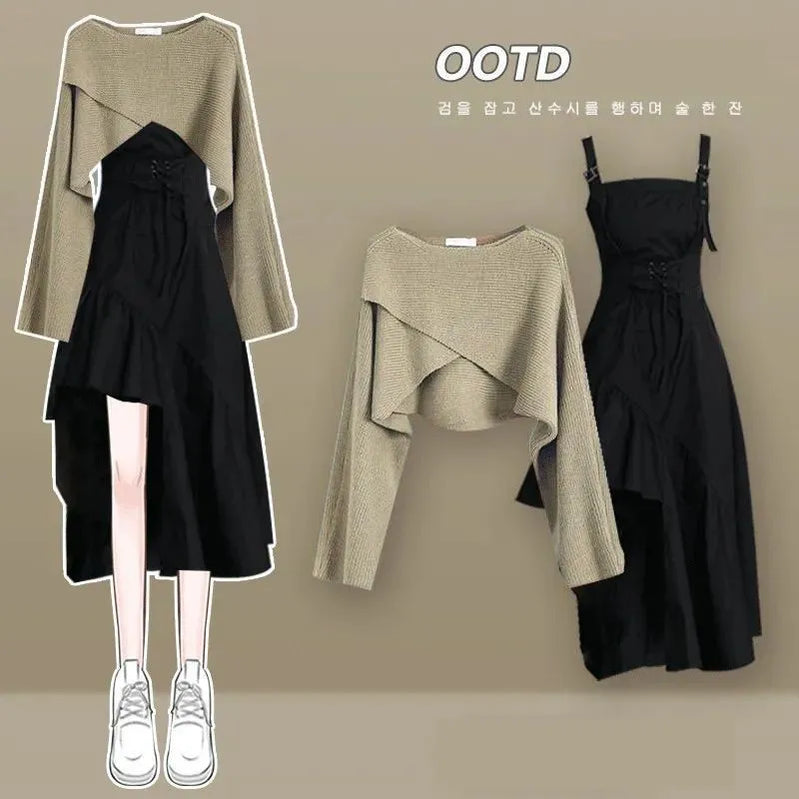 Women's Fashion Dress Matching Set Autumn Winter New Chic Knitted Sweater Sling Skirt Two Piece Korean Elegant Clothes Suit Set 02