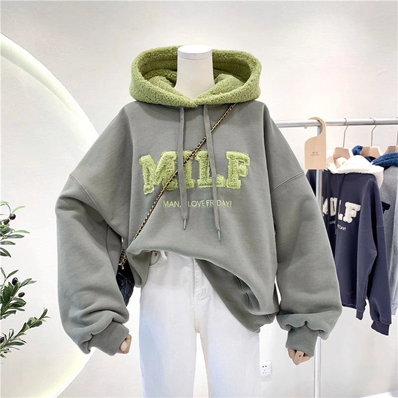 Fashion Patchwork Oversize Sweatshirt Women Winter Casual Loose Cotton Thick Letter Long Sleeve Hoodies Female Streetwear Light green