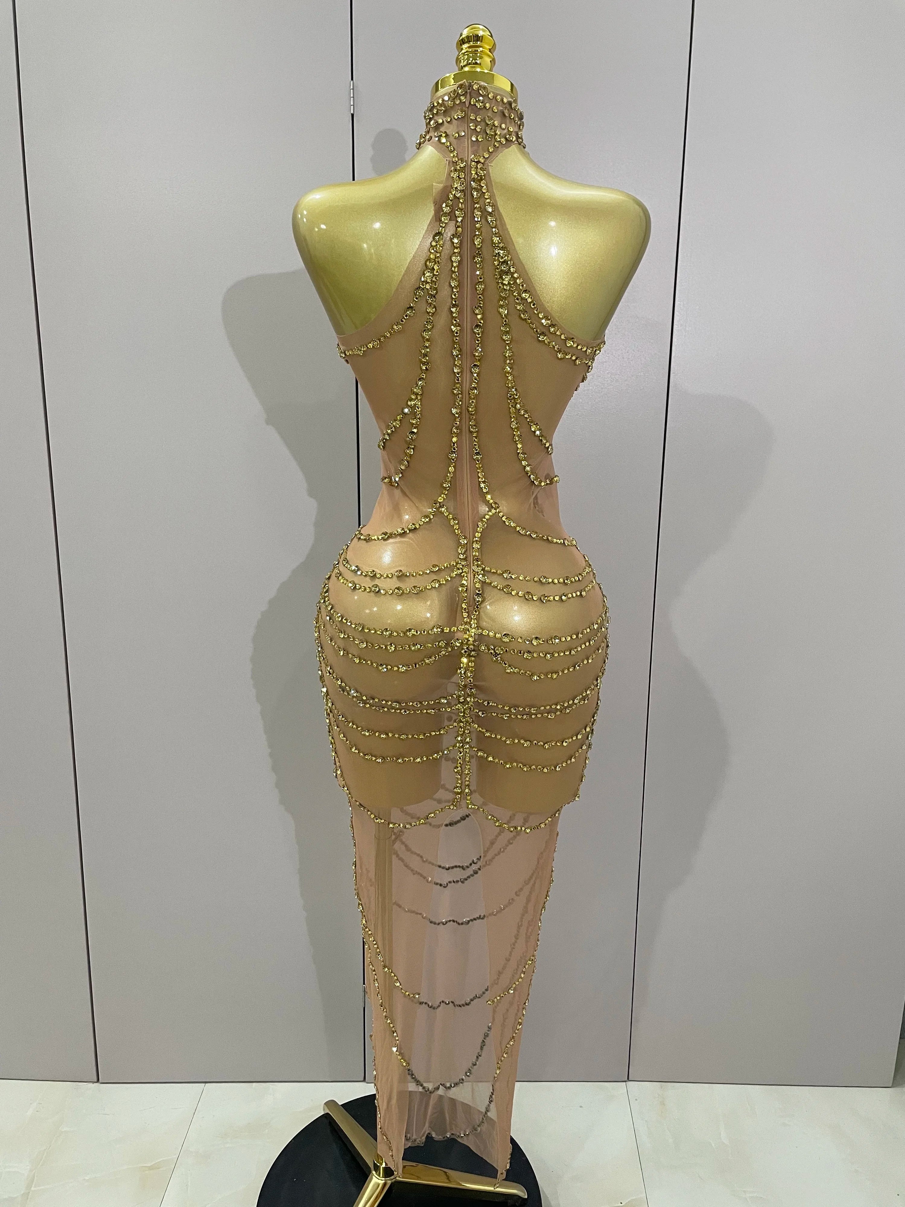 Luxury Sparkly Gold Rhinestone Sexy Transparent Mesh Long Dress 2025 Women Birthday Party Gown Stage Singer Performance Costume