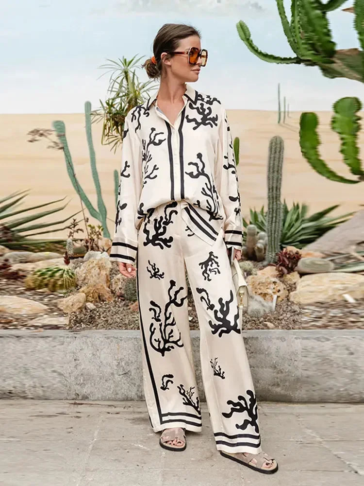 Elegant Women Print Loose Shirt Pants 2 Pieces Set Chic Lapel V Neck Long Sleeve Blouse Straight Pant Suit Casual Lady Outfits