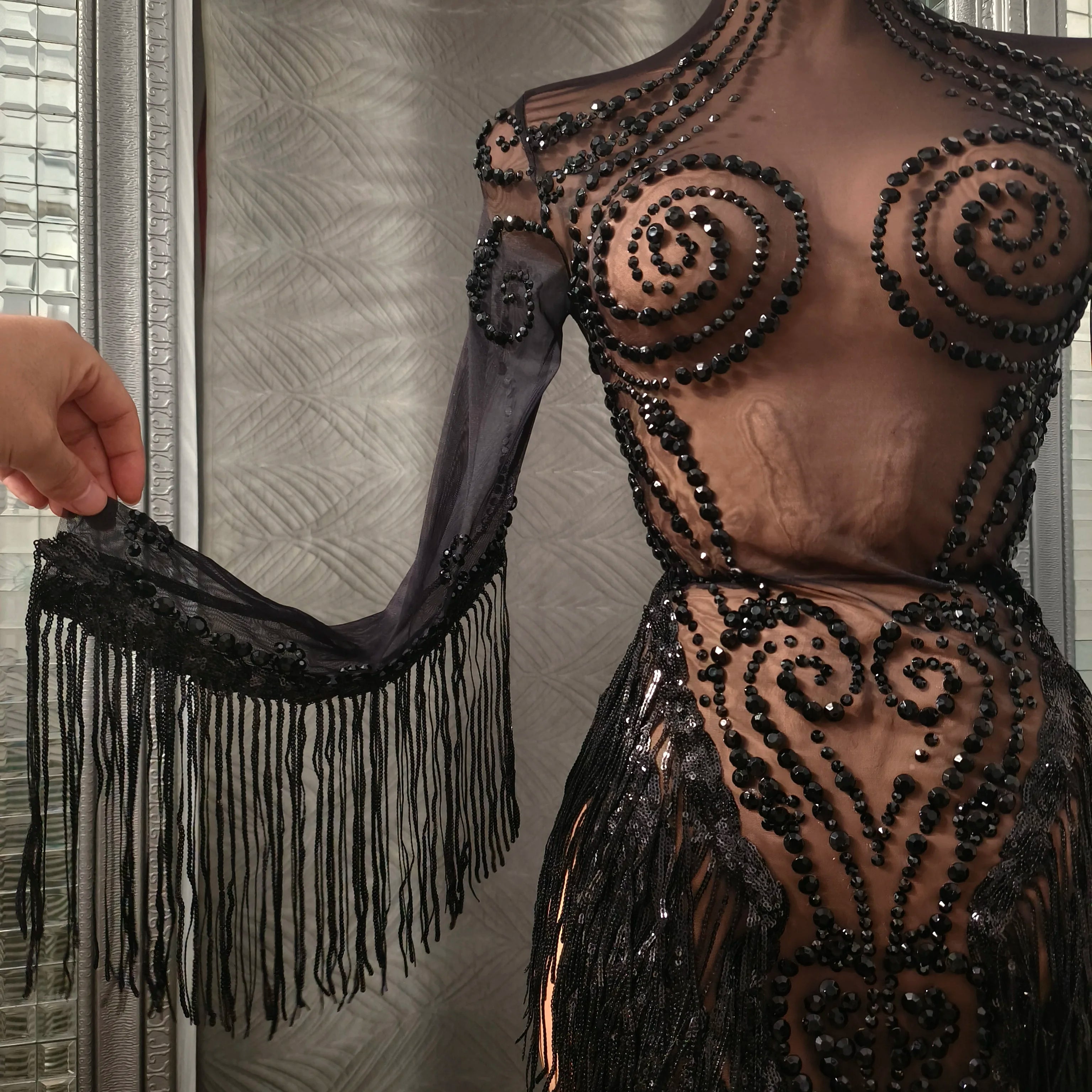 Women Sexy Mesh Silver Black Crystal Stretchy Night Club See Through Singer Dancer Tassel Stage Costume Mini Party Dress