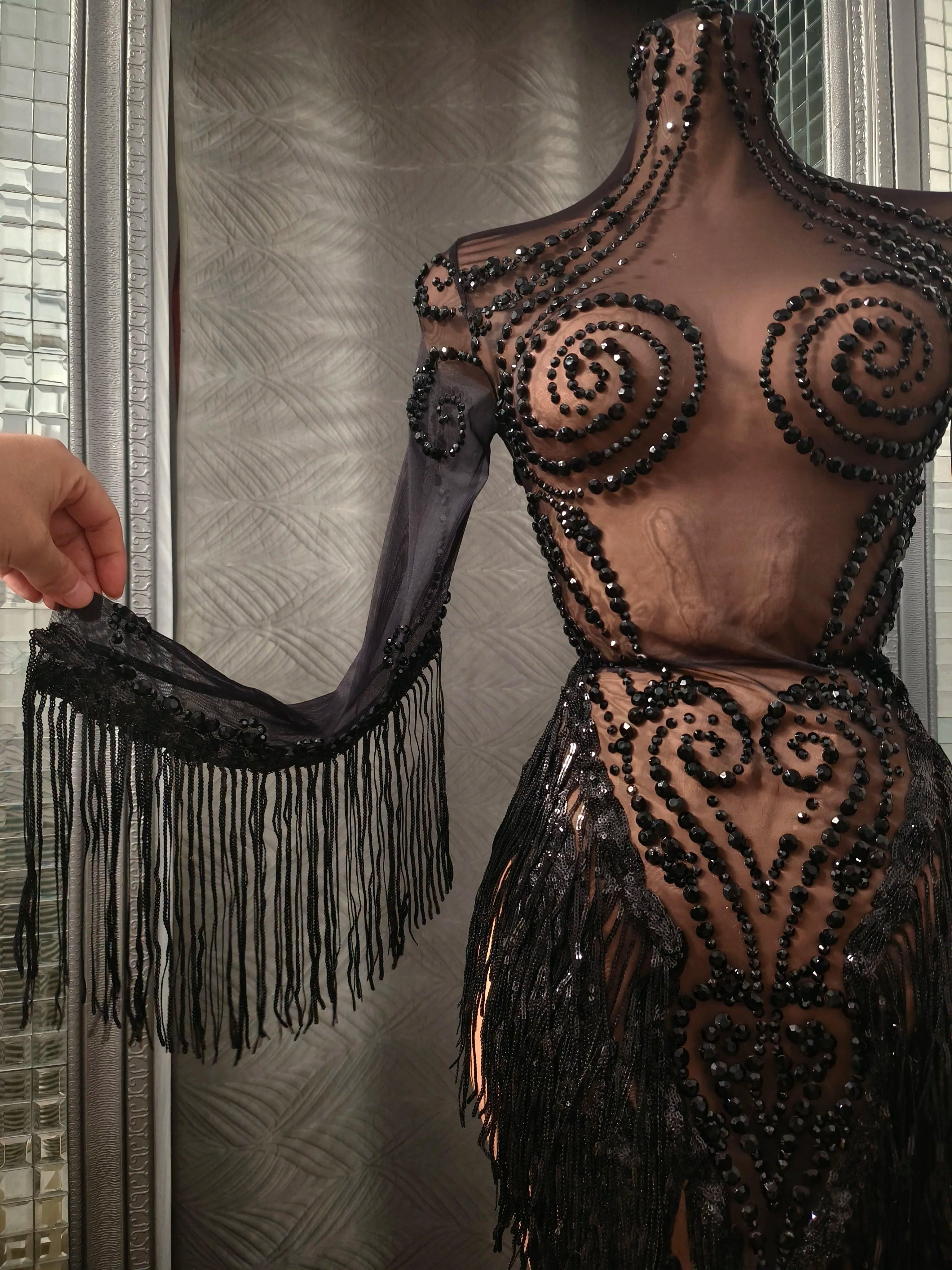 Women Sexy Mesh Silver Black Crystal Stretchy Night Club See Through Singer Dancer Tassel Stage Costume Mini Party Dress