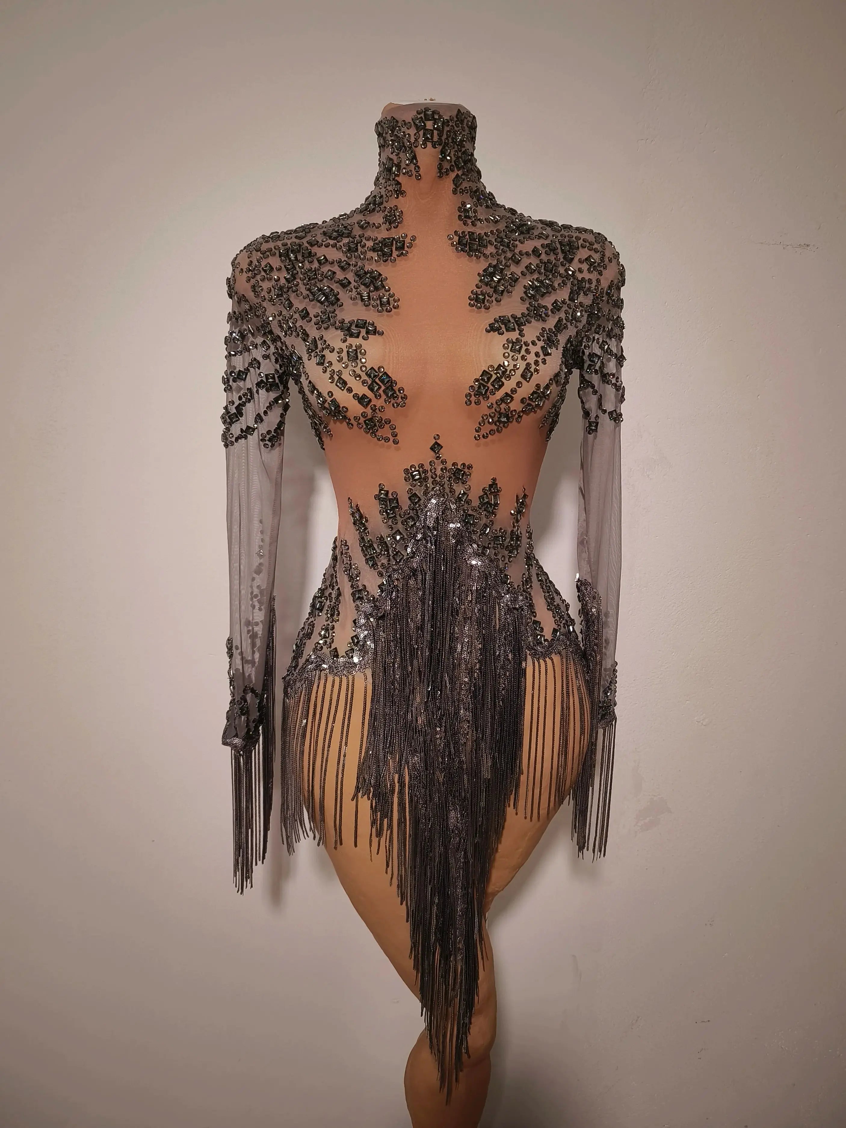 Women Sexy Gray Silver Tassel Crystal Diamonds Stretchy Night Club See Through Singer Dancer Stage Costume Party Bodysuit