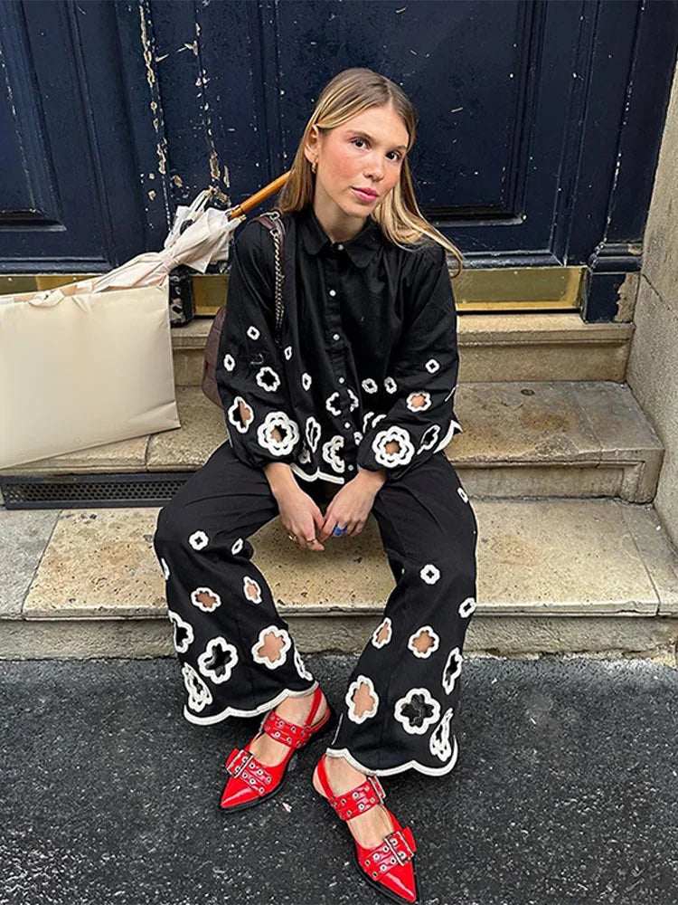 Chic Hook Flower Hollow Out Women's Lace Pants Set Retro Lapel Long Lantern Sleeve Shirt Suit New Lady Party Elegant Outfit