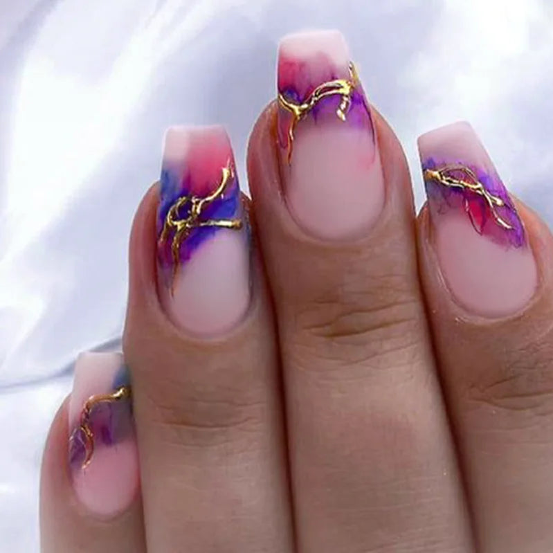24pcs/set short sqaure almond fake nails geometric aurora gradient heart glitter designs faux ongles press on acrylic false nail