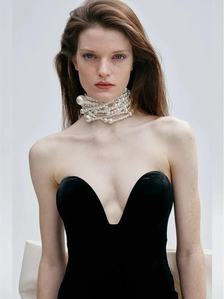Vestido longo de bandagem colado ao corpo, sexy, sem alças, com gravata borboleta, patchwork, preto, longo, 2025, elegante, para festa à noite