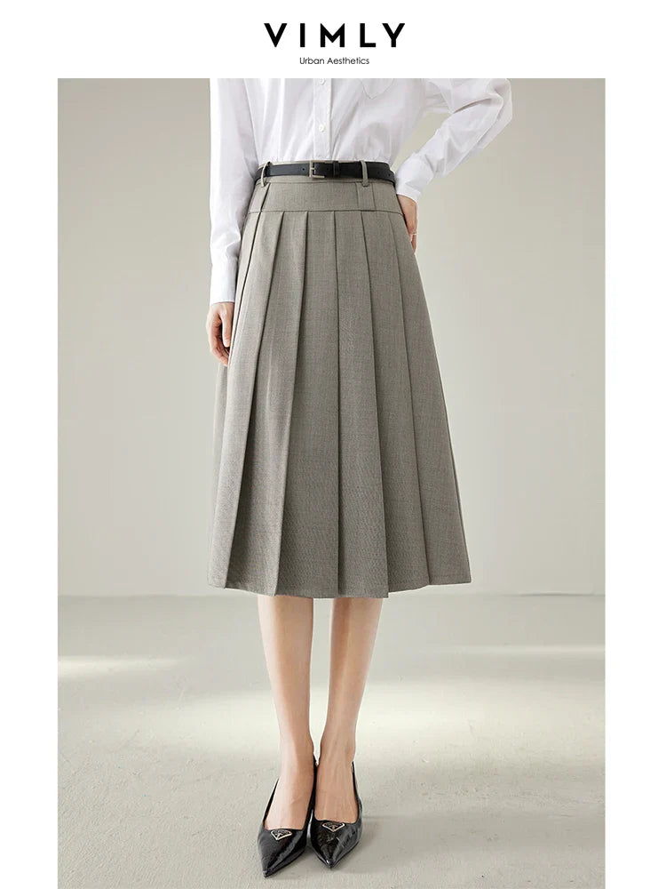 Vimly Elegant Work Flared Pleated Skirts for Women 2023 Fall Fashion Office Lady Woman Autumn A Line Midi Skirt Clothes M2935 oatmeal