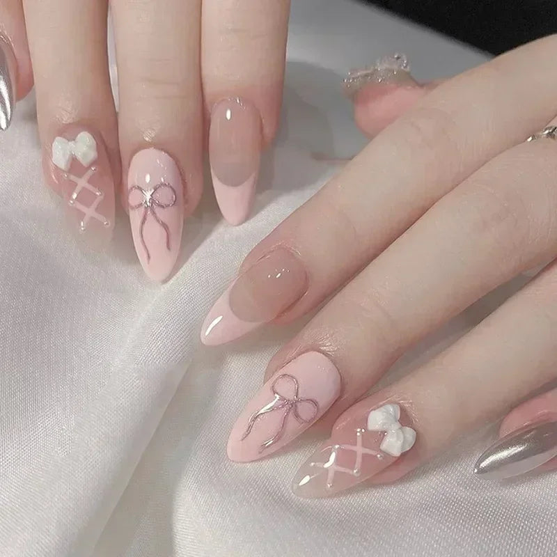 24pcs Short Almond Press on Nails 3D Flower Butterfly Fake Nails with Glue Colorful Natural Acrylic False Nails Full Cover Nails