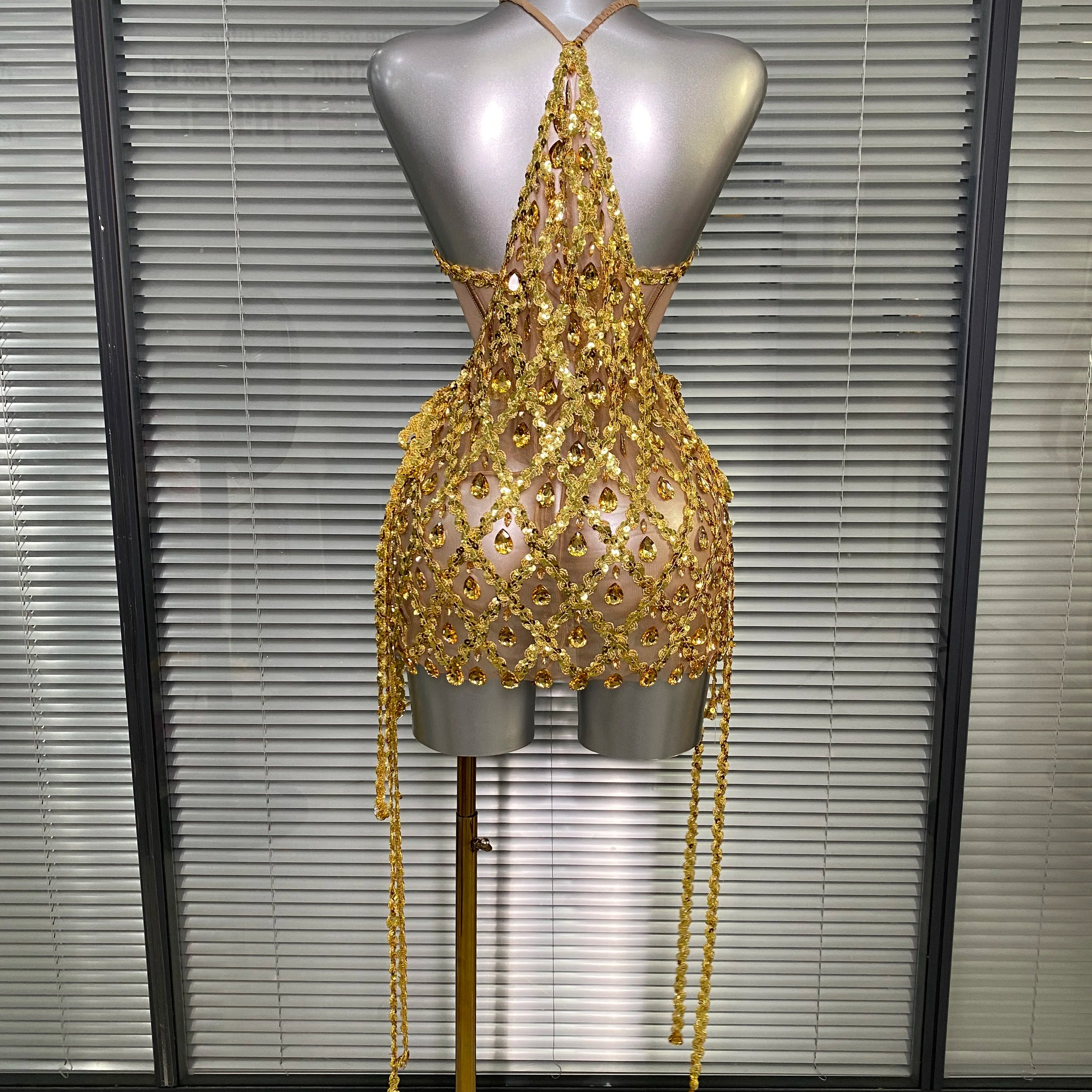 Women Sexy See Through Mesh Gold Pink Costume Stage Dancer Singer Night Club Celebrity 2 Pieces Set Mini Party Dress