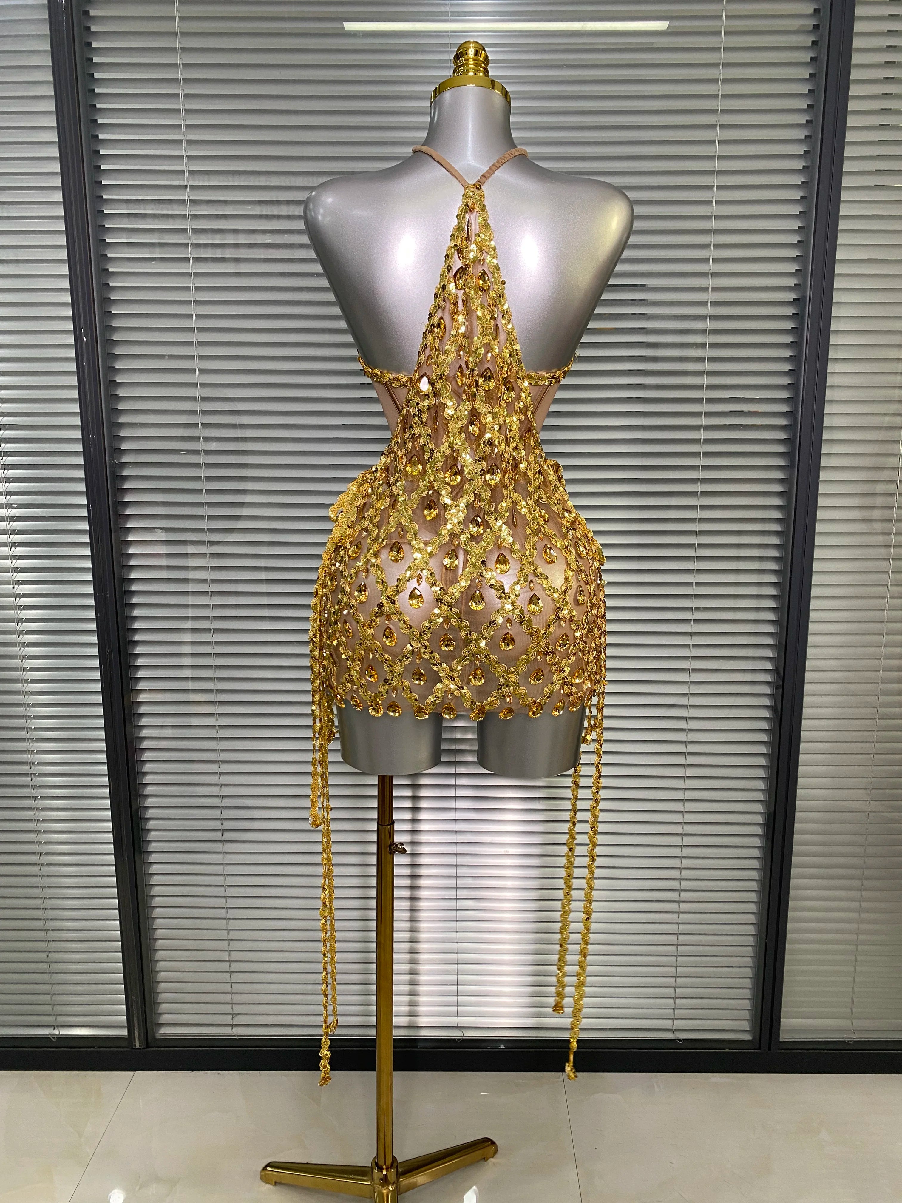 Women Sexy See Through Mesh Gold Pink Costume Stage Dancer Singer Night Club Celebrity 2 Pieces Set Mini Party Dress