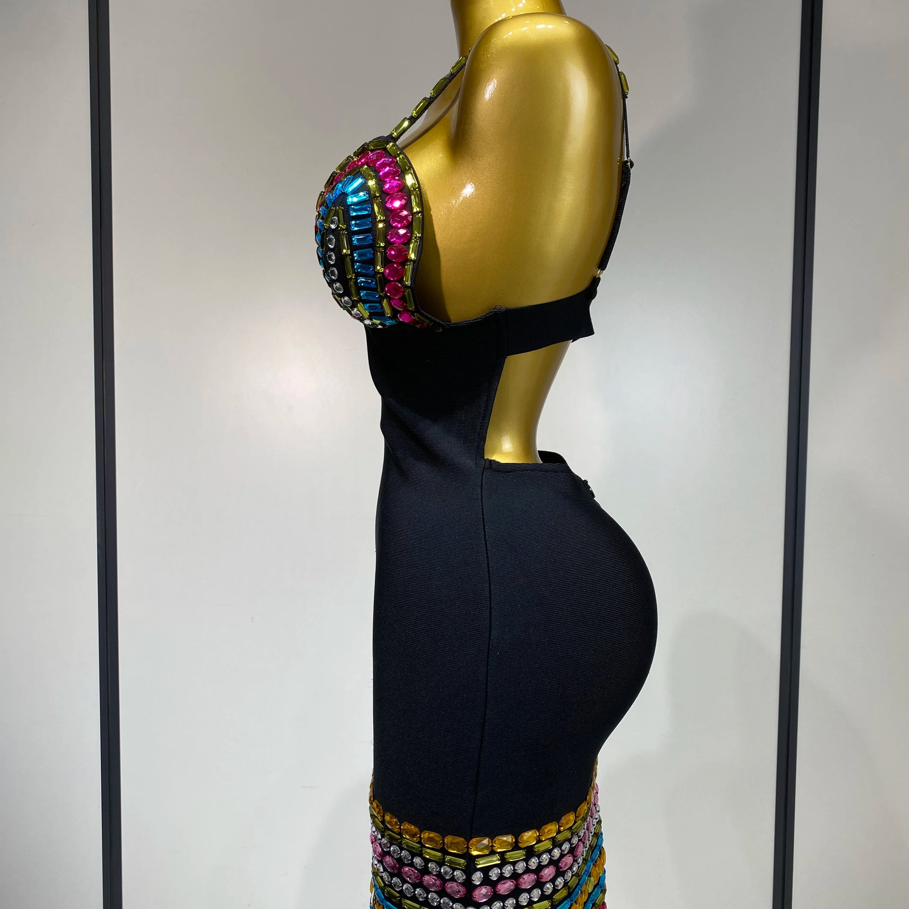 Sparkly Colorful Diamonds V Neck Black Bodycon Bandage Dress 2025 Celebrity Elegant Evening Club Party Luxury Birthday Dresses