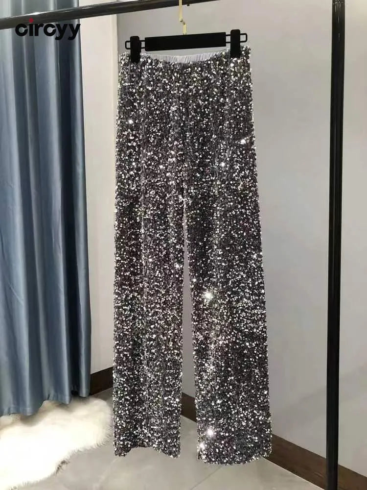 Y2k Pants Woman Elastic Waist Sequins Wide Leg Trousers Shiny Full Length Straight Female High Street