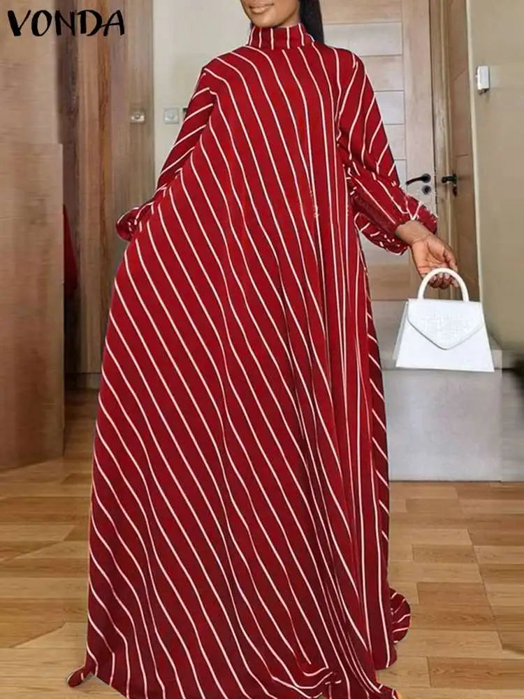 Plus Size 5XL Elegant Striped Maxi Dress Women High Neck Elegant Long Sundress Long Puff Sleeve Printed Vestidos Red