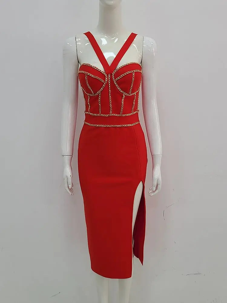 Ailigou High Quality Brand New Red Chain Sleeveless V-Neck Tight Midi Bandage Dress Tights Celebrity Club Party Dress Vesidos