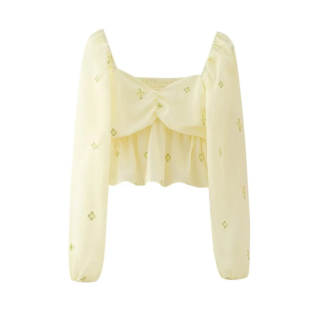 Square Neck Long Sleeve Top for Women, Embroidered Short Top, Sweet Casual Fashion, Early Spring, New Light Yellow