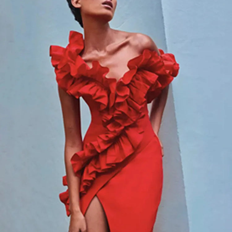 Women Celebrity Sexy Off Shoulder Ruffles Black Red Split Midi  Bodycon Bandage Dress 2024 Elegant Evening Club Party Outfit