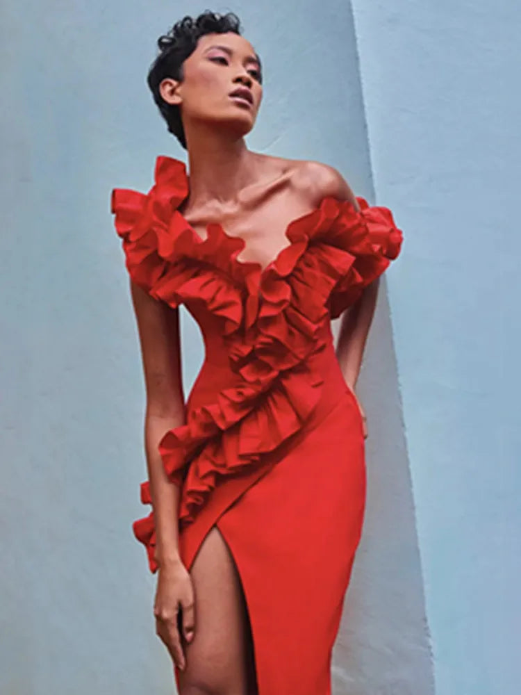 Women Celebrity Sexy Off Shoulder Ruffles Black Red Split Midi Bodycon Bandage Dress 2024 Elegant Evening Club Party Outfit