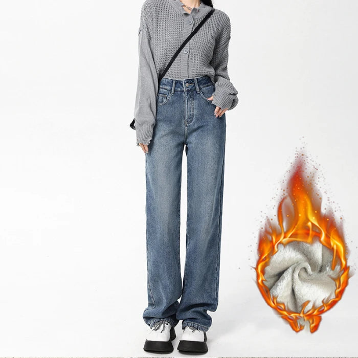 Plus Velvet Classic Women Denim Jeans Autumn and Winter Vintage Wash Warm Plush Thickened Straight Loose Pants Lengthen blue