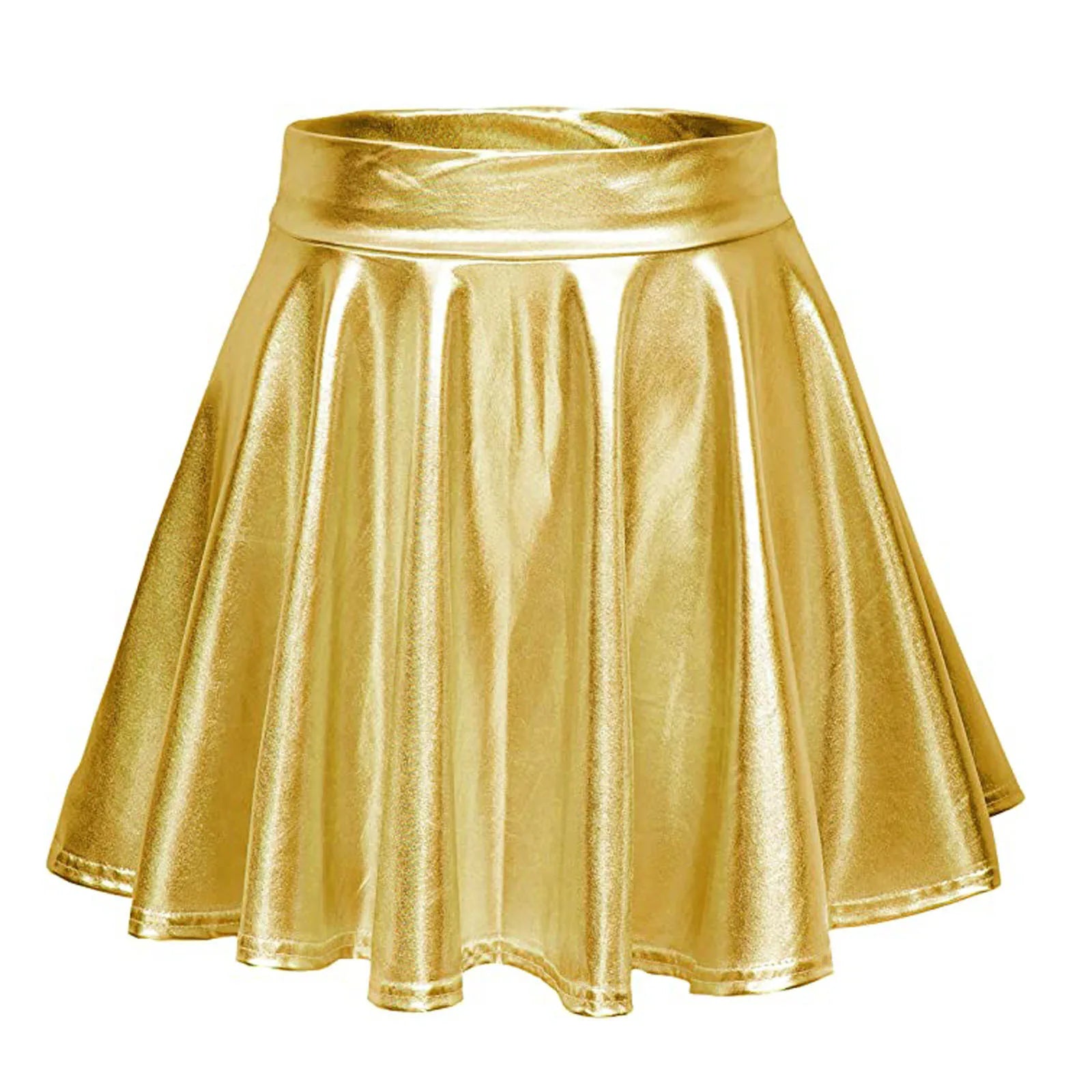 Women Shiny Metallic Pleated Skirt Stretchy High Waist A-Line Mini Skirts for Carnival Party Performance Nightclub Rave Dance Gold