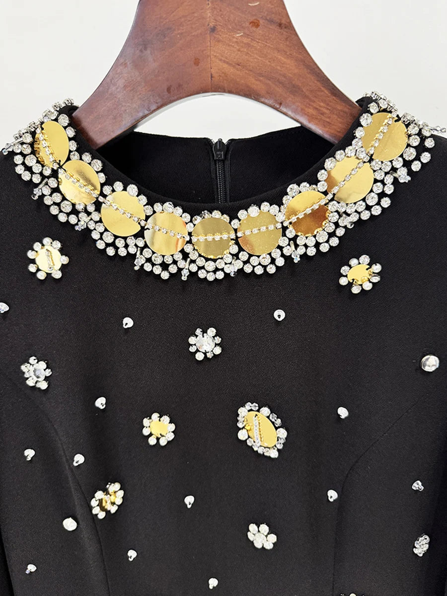 TWOTWINSTYLE Hit Color Spliced Bead Luxurious Dresses for Women Round Neck Long Sleeve Patchwork Wave Point Elegant Dress Female