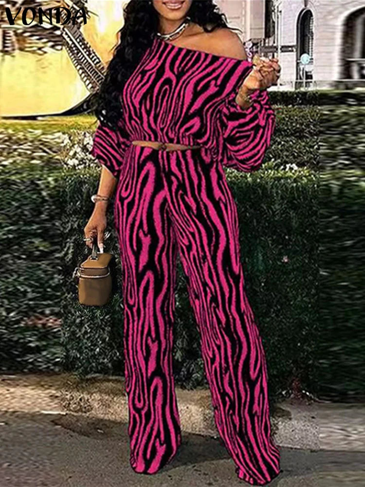Plus Size VONDA Women Pant Sets Zebra-stripe Bohemian Printed 2PCS Long Sleeve Skew Collar Top and High Waist Pants Casual Sets
